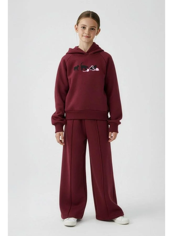 Perendi Girl Hooded Fleece-Lined Cat Embroidered Corduroy Winter Set Burgundy.