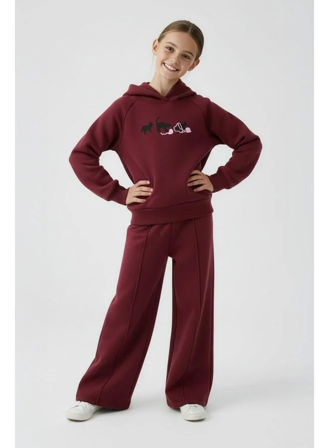 Perendi Girl Hooded Fleece-Lined Cat Embroidered Corduroy Winter Set Burgundy.