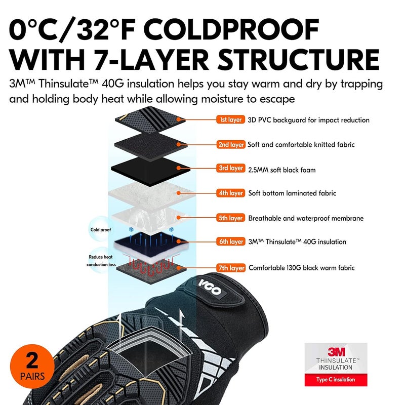 VGO ... 2-Pairs 32°F Waterproof High-Dexterity Heavy-Duty Winter Mechanic Gloves, Impact & Vibration Reduction (S, Black&Gold, SL8849FW) - Image 2