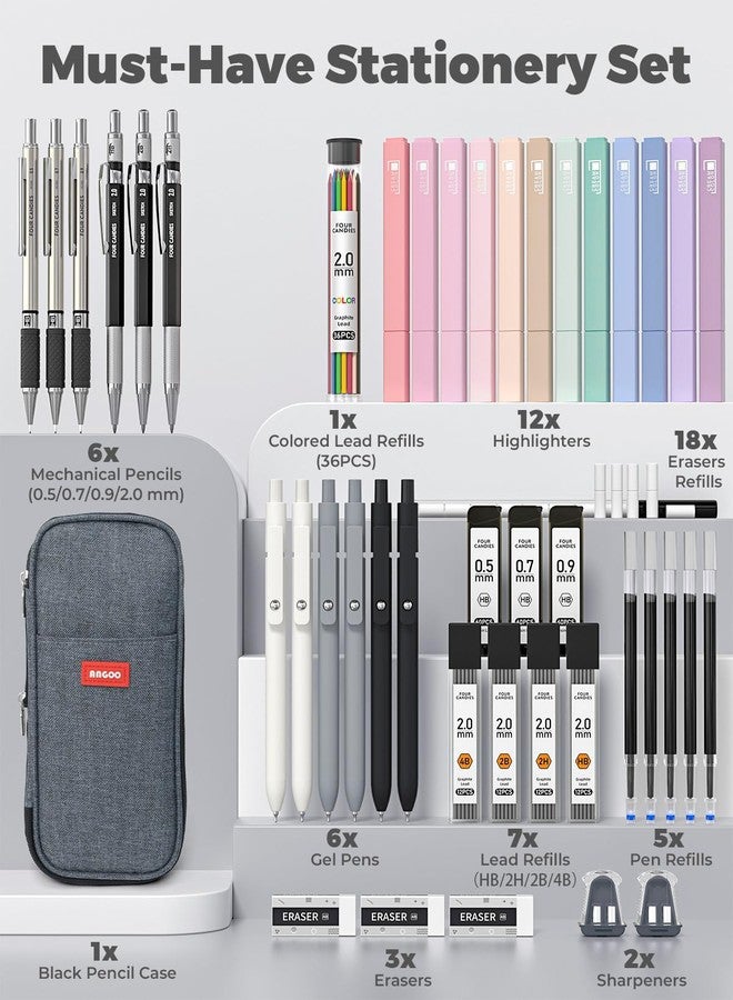 Four Candies Pack of 45 School Supplies with Pencil Case, 12 Pastel Highlighters, 5 Gel Pens, 6 Mechanical Pencil Set, Pens and Cool Things for Teenagers Girls School Stuff Office Adult (Black) - Image 2