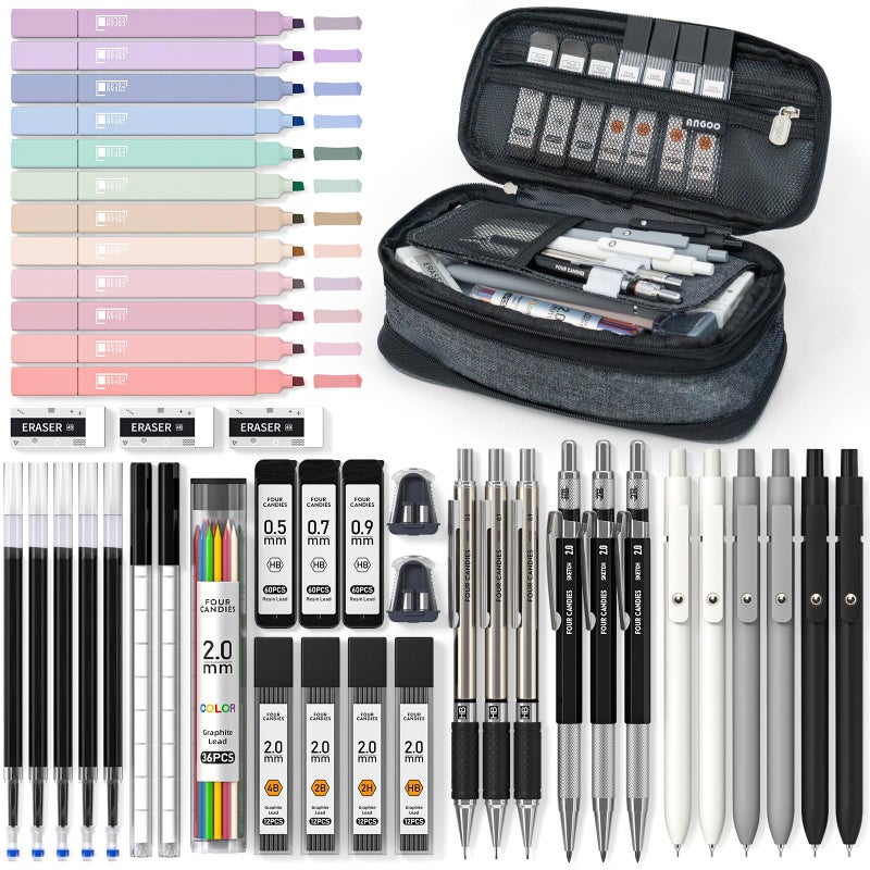 Four Candies Pack of 45 School Supplies with Pencil Case, 12 Pastel Highlighters, 5 Gel Pens, 6 Mechanical Pencil Set, Pens and Cool Things for Teenagers Girls School Stuff Office Adult (Black) - Image 1