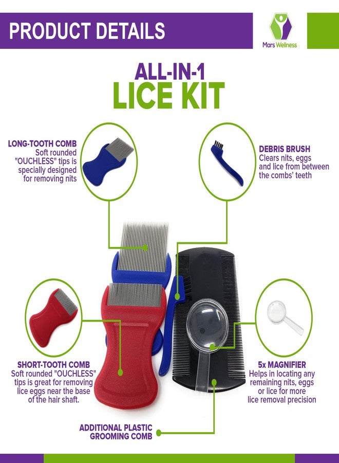 MARS WELLNESS Premium 5 Piece Lice Comb Kit - Nit Removal Fine Tooth Comb and Magnifier Full Treatment Set - Image 2
