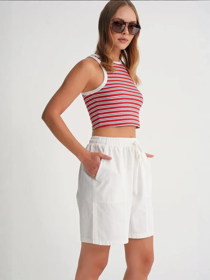 Mixray White Mixray High Waist Cotton Drawstring Mini Shorts for Women | Best Price UAE