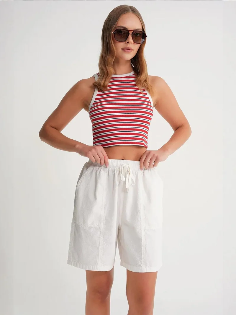 Mixray White Mixray High Waist Cotton Drawstring Mini Shorts for Women | Best Price UAE