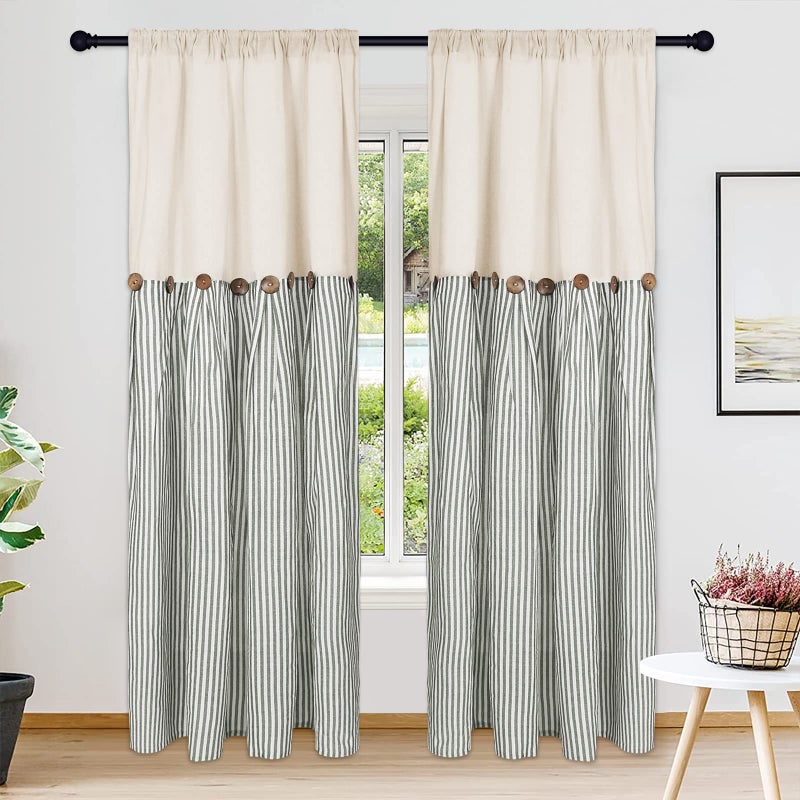 Cotton Linen Farmhouse Curtains  Rustic Button Boho for Bedroom Rod Pocket  Back Tab NaturalSage Green Stripe Color Block for Living Room 52 x 84 Inch 2 Panels