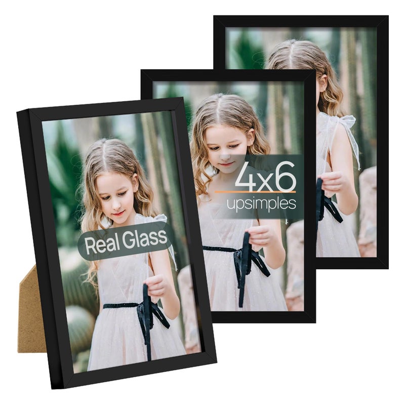 upsimples 4x6 Picture Frame Set of 3, Made of High Definition Glass for 4 x 6, Wall and Tabletop Display Thin Border Photo Frames for Home Decor, Black - Image 1