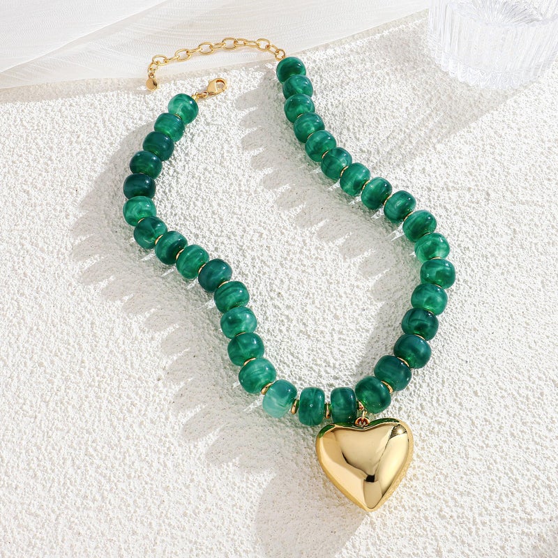 WOWORAMA Chunky Heart Necklace for Women Green Resin Beaded Choker Necklaces Gold Puffy Heart Statement Necklace Trendy Acrylic Jewelry - Image 3
