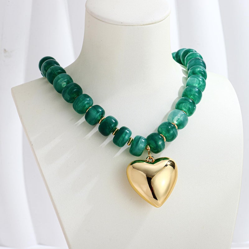 WOWORAMA Chunky Heart Necklace for Women Green Resin Beaded Choker Necklaces Gold Puffy Heart Statement Necklace Trendy Acrylic Jewelry - Image 4