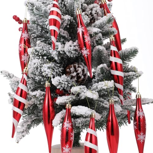 Sumind 12 Pcs Christmas Droplet Baubles Ornaments 63 Inch Christmas Finish Finial Drop Ornament Glitter Plastic Peppermint Candy Ornament for Xmas Tree Decor Classic StyleRed - Image 3
