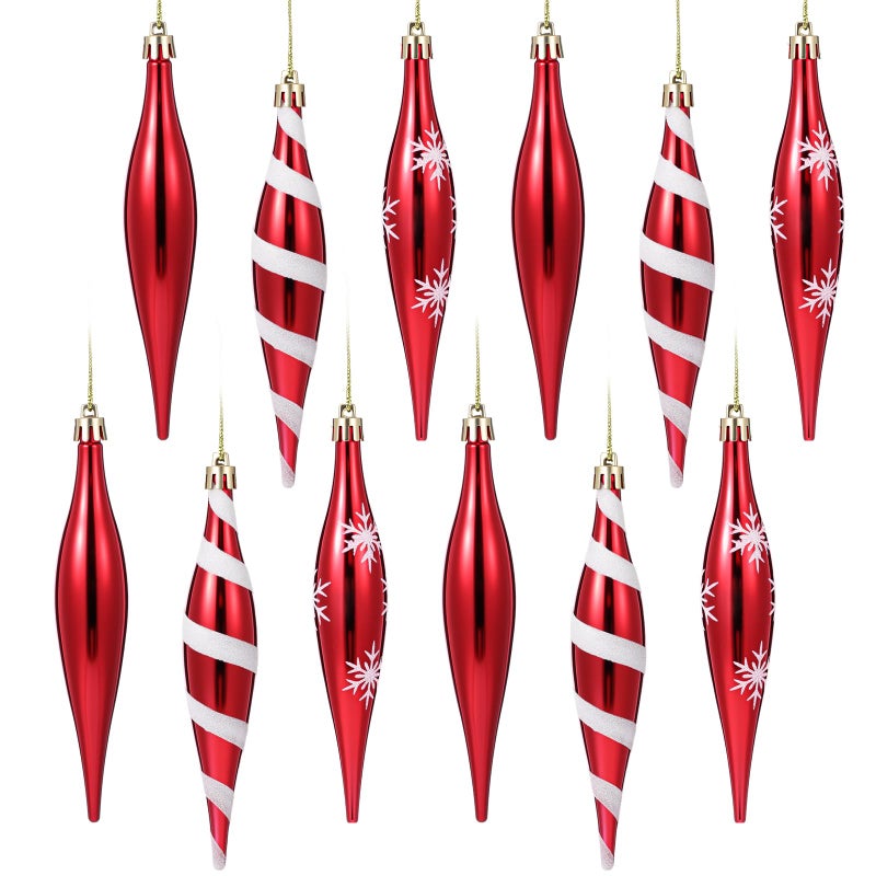 Sumind 12 Pcs Christmas Droplet Baubles Ornaments 63 Inch Christmas Finish Finial Drop Ornament Glitter Plastic Peppermint Candy Ornament for Xmas Tree Decor Classic StyleRed - Image 2