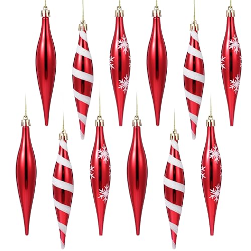 Sumind 12 Pcs Christmas Droplet Baubles Ornaments 63 Inch Christmas Finish Finial Drop Ornament Glitter Plastic Peppermint Candy Ornament for Xmas Tree Decor Classic StyleRed - Image 1
