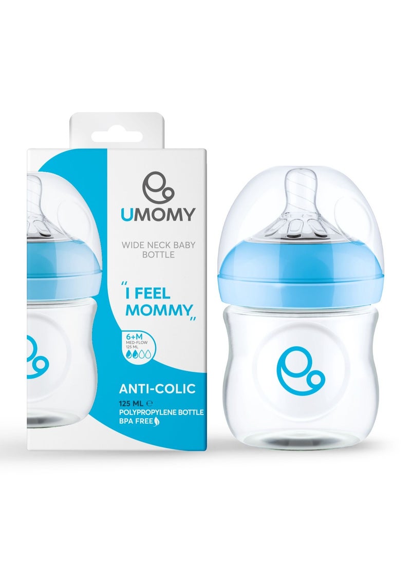 Umomy - 6M Baby Bottles for Newborn, PP Anti-Colic Infant Bottles, Silicone Rubber Teat, Wide Neck Breast-Like Nipple, BPA Free Medium Flow, Blue, 125ml - Image 1