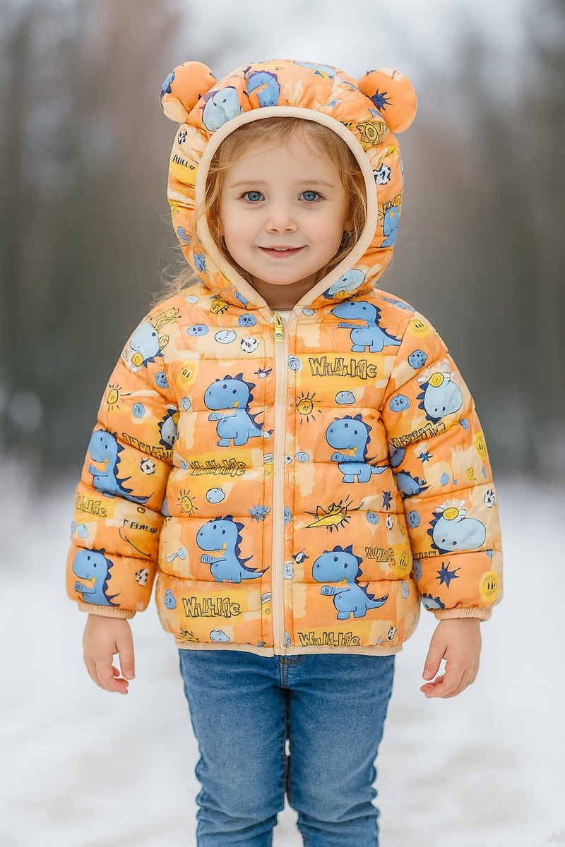 Bold N Elegant All Over Cartoon Print Kids Winter Puffer Bomber Jacket Coat for Little Boys & Girls (IN, Age, 4 Years, 5 Years, Orange) - Image 2