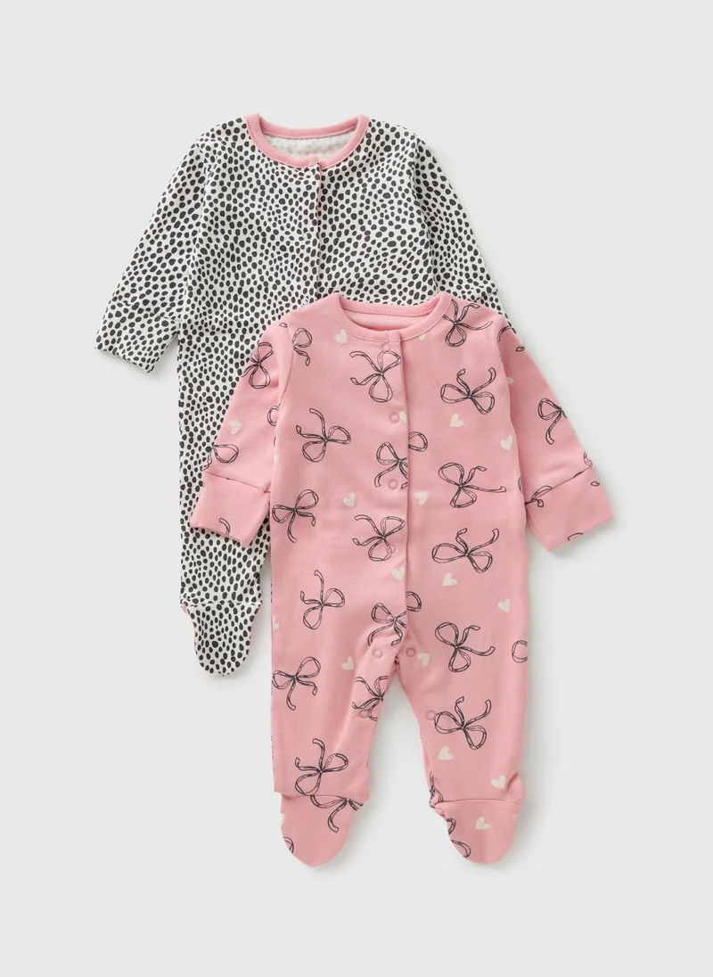 Matalan 2 Pack Baby Pink Bow Spot Sleepsuits