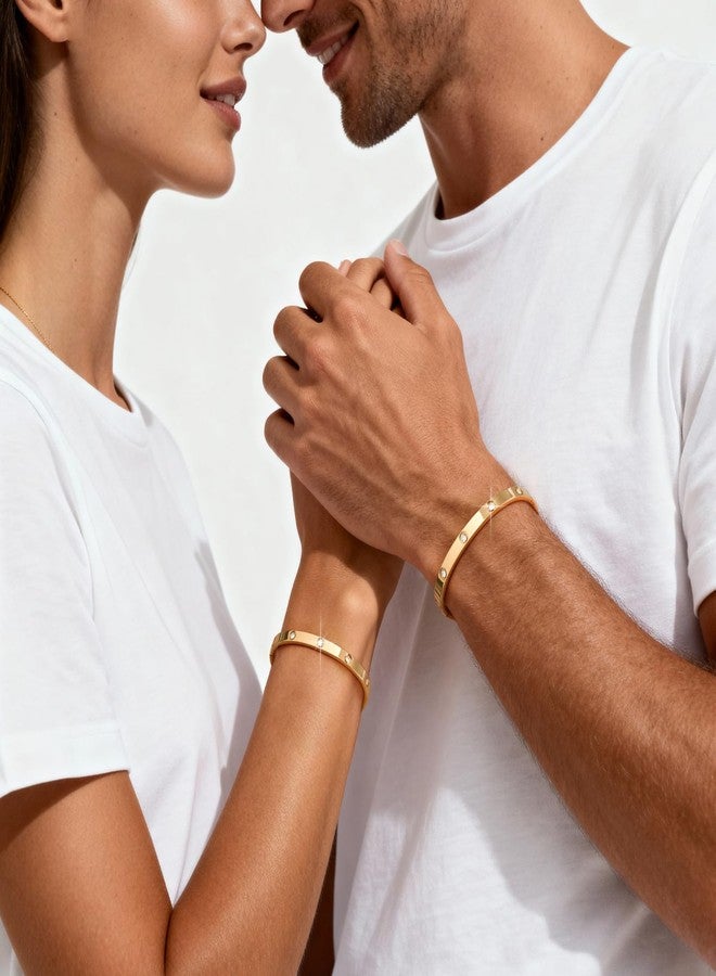 MPRAINBOW Gold Matching Bracelets for Couples - 2Pcs 18K Gold Plated Cubic Zirconia Bangle Relationship Friendship Trendy Jewelry, Stainless Steel Couple Bracelet for Women Men for Her Him - Image 2