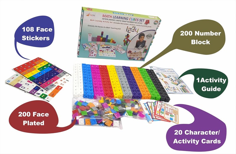 StepsToDo Math Learning Cubes Set 200 Number Blocks, 200 Face Plates, 108 Stickers, 20 Activity Cards, Activity Guide Hands-On STEM Educational Toy for Kids, Counting, Patterns, Place Value - Image 4