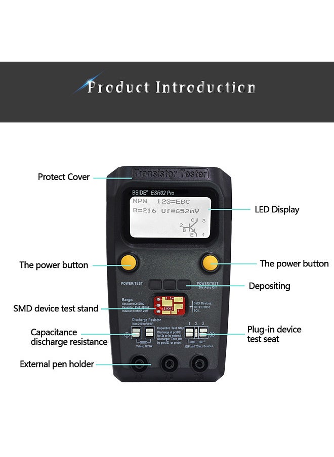 ESR02 Pro Transistor Tester Multifunctional Digital Tester Diode Triode Resistor Capacitance Inductance MOSFET NPN PNP Triac MOS Detector with Test Clip