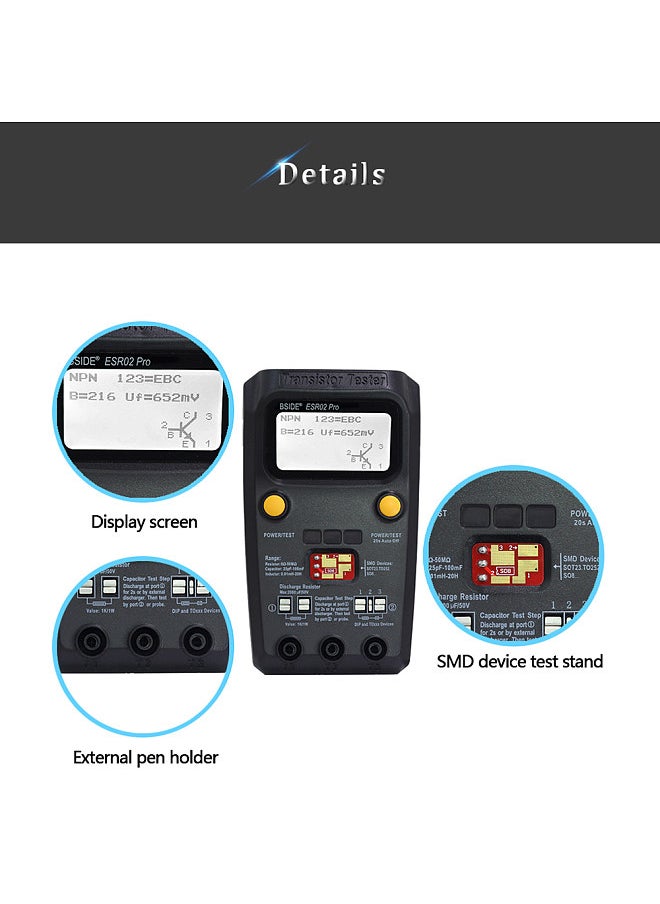 ESR02 Pro Transistor Tester Multifunctional Digital Tester Diode Triode Resistor Capacitance Inductance MOSFET NPN PNP Triac MOS Detector with Test Clip