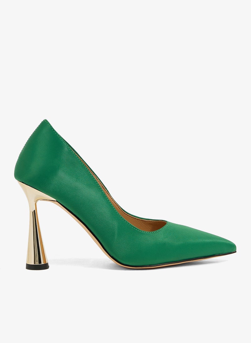 Ella Limited Edition Green satin pump with sculpted metallic heel, pointed toe - Image 1