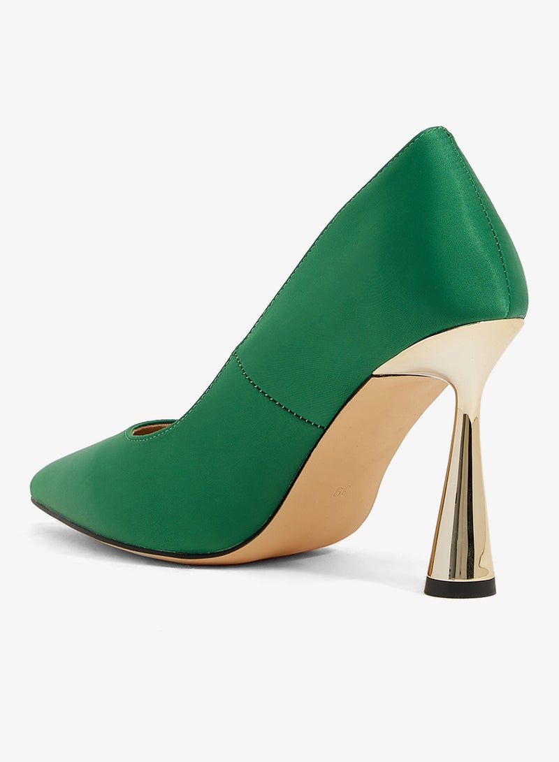 Ella Limited Edition Green satin pump with sculpted metallic heel, pointed toe - Image 3