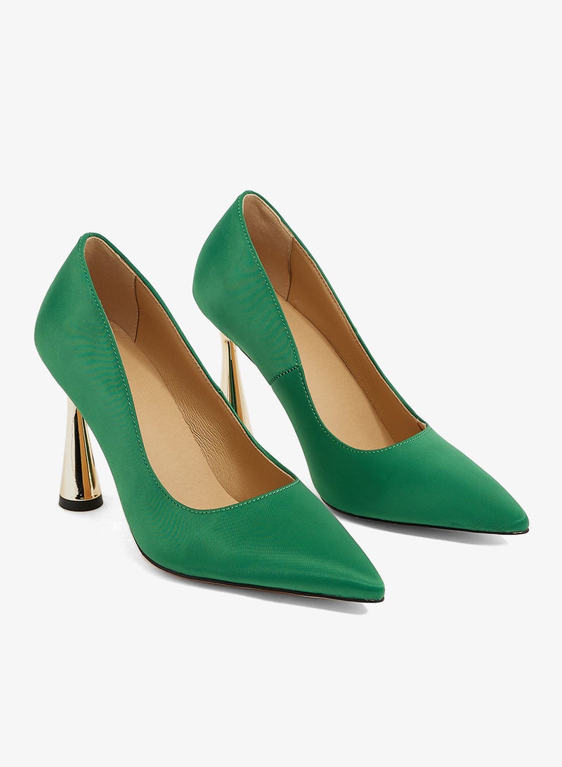 Ella Limited Edition Green satin pump with sculpted metallic heel, pointed toe - Image 4