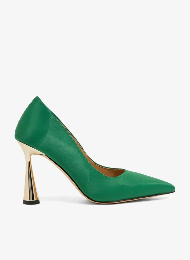 Ella Limited Edition Green satin pump with sculpted metallic heel, pointed toe