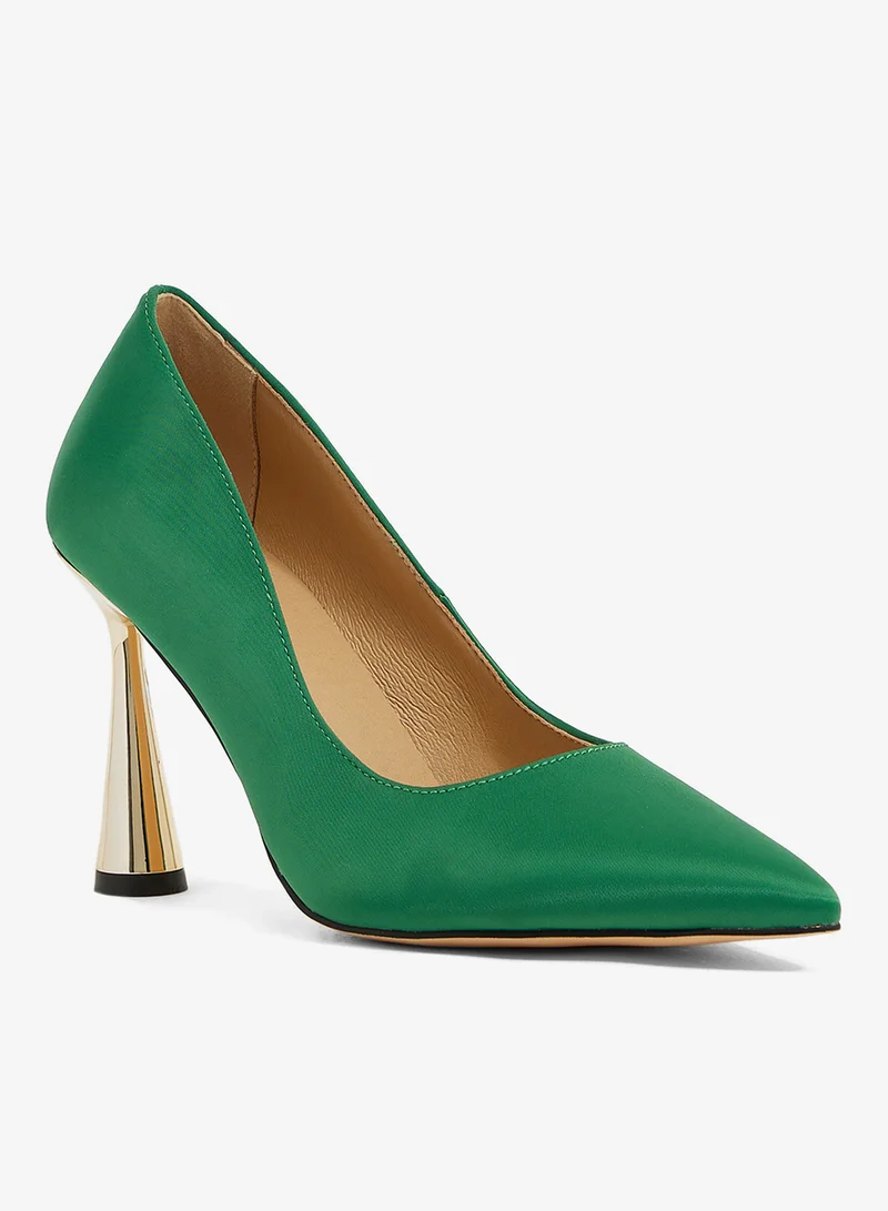 Ella Limited Edition Green satin pump with sculpted metallic heel, pointed toe