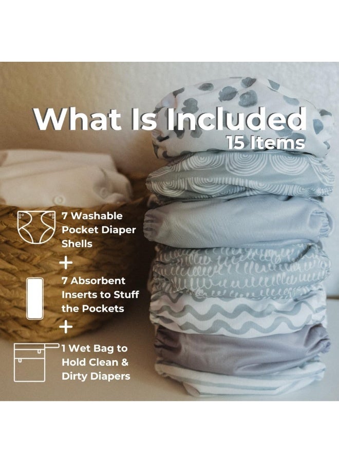 Nora's Nursery Something Blue Baby Cloth Pocket Diapers 7 Pack, 7 Bamboo Inserts, 1 Wet Bag - Image 2