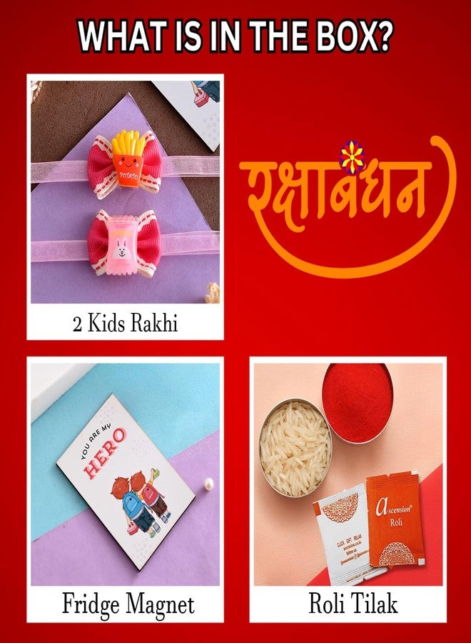 ascension Set of 2 Kids Rakhi Combo for Boys & Girls Raksha Bandhan Bhaiya Rakhi Set with Cartoon Design, Includes You Are My Hero Fridge Magnet & Roli Tilak - Image 3