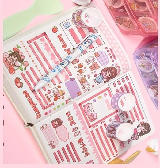 SAMVARDHAN Washi Tape Set - 100 Pcs Designer Decorative Gift Packing Tape Masking Tapes with 20 Pcs Kawaii Stickers, Tweezer, Pen and Spatula in 3 Layer Box, Tapes for Art & Craft(Pink Color Box) - Image 2