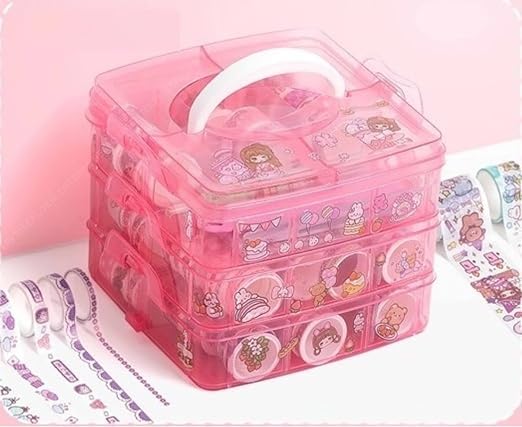 SAMVARDHAN Washi Tape Set - 100 Pcs Designer Decorative Gift Packing Tape Masking Tapes with 20 Pcs Kawaii Stickers, Tweezer, Pen and Spatula in 3 Layer Box, Tapes for Art & Craft(Pink Color Box) - Image 1