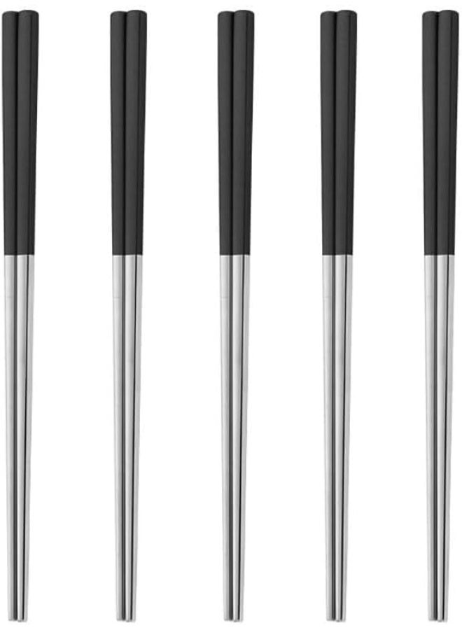 5 أزواج من الفولاذ المقاوم للصدأ عصي مجموعة، 304 المعدن قابلة لإعادة الاستخدام، مربع تصميم مضاد للانزلاق، غسالة صحون آمنة، خفيفة الوزن الكورية اليابانية عصي للسوشي، المعكرونة، وعاء ساخن، 23 سم - الفضة الأسود - Image 1