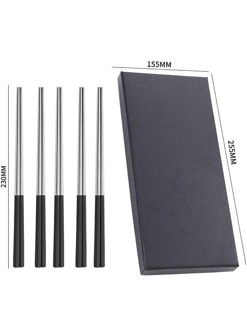 5 أزواج من الفولاذ المقاوم للصدأ عصي مجموعة، 304 المعدن قابلة لإعادة الاستخدام، مربع تصميم مضاد للانزلاق، غسالة صحون آمنة، خفيفة الوزن الكورية اليابانية عصي للسوشي، المعكرونة، وعاء ساخن، 23 سم - الفضة الأسود - Image 2