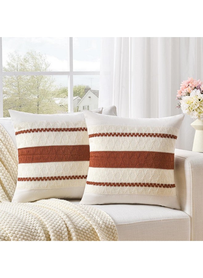 Fancy Homi Set of 2 Rust Boho Decorative Throw Pillow Covers 18x18 Inch for Couch Bed Sofa, Aesthetic Modern Organic Fall Room Decor, Soft Cotton Cute Terracotta Textured Farmhouse Cushion Case - Image 1