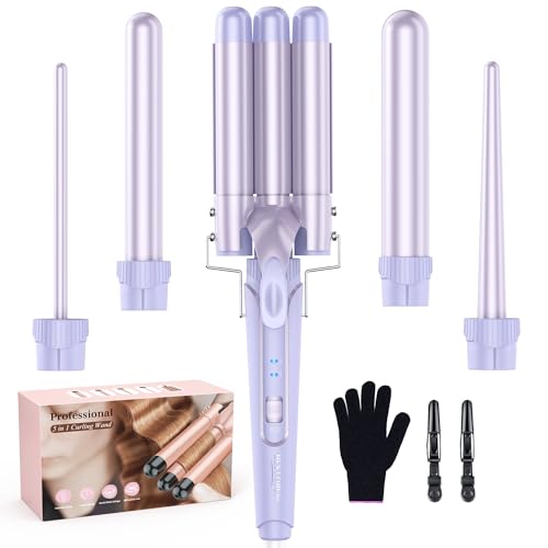 BESTOPE PRO Waver Curling Iron Wand - BESTOPE PRO 5 in 1 Curling Wand Set with 3 Barrel Hair Crimper for Women, Fast Heating Crimper Wand Curler in All Hair Type, Women Gifts - Purple - Image 1