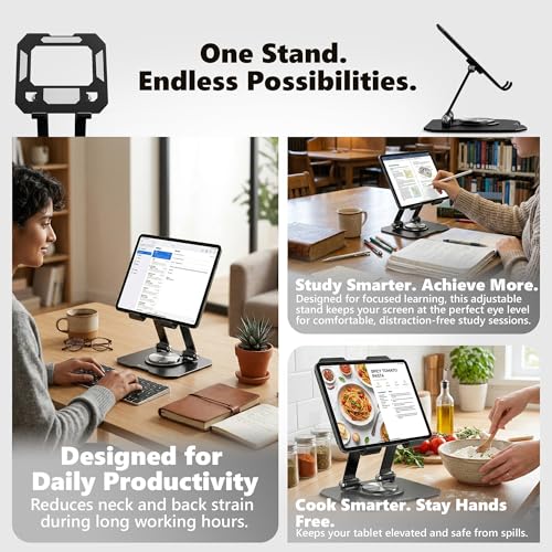 GadgetBite 360° Rotating Aluminium Tablet Stand, Multi-Angle Adjustable Holder, Desk Mount Compatible with iPad Pro/Air/Mini, Samsung Galaxy Tab, Lenovo Pad & More - Black - Image 3
