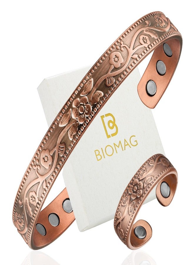 BioMag Copper Bracelet & Ring for Women, 99.99% Pure Copper Magnetic Bracelet Lymphatic Drainage Rings with 3500 Gauss Magnets, Adjustable & Flower Pattern - Image 1