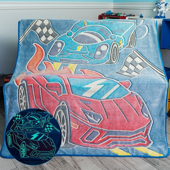 GLOW IN THE DARK RACE CAR THROW BLANKET FUN BIRTHDAY GIFT FOR KIDS WHO LOVE TOY CARS RC CARS COOL HOT ROD DESIGN WITH WHEELS BURNING ON THE RACE TRACK GREAT FOR RACE CAR BED OR BOYS ROOM DCOR