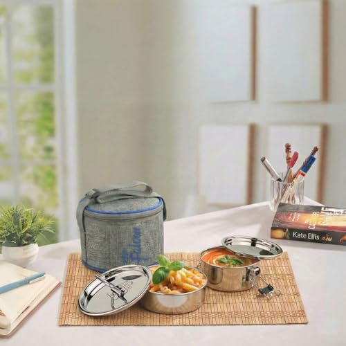 PDDFALCON Royal Lunch Box Stainless Steel Lunch Box Set, 100% Leak-Proof, BIS Certified, Jindal Seal & Made in India, Airtight with Lids,(Royal Lily with Bag 700ml, Grey & Blue) - Image 2