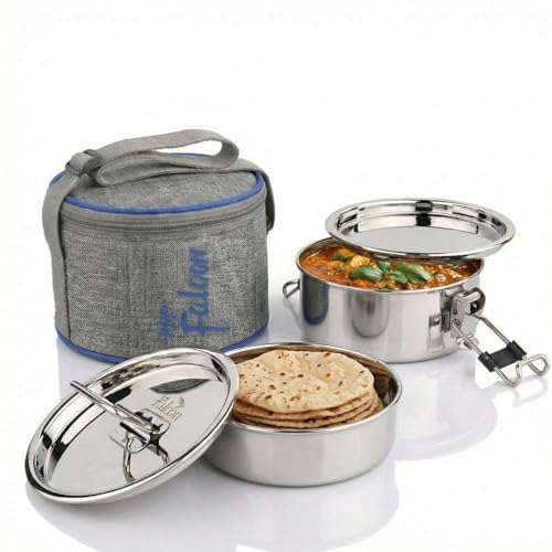 PDDFALCON Royal Lunch Box Stainless Steel Lunch Box Set, 100% Leak-Proof, BIS Certified, Jindal Seal & Made in India, Airtight with Lids,(Royal Lily with Bag 700ml, Grey & Blue) - Image 1