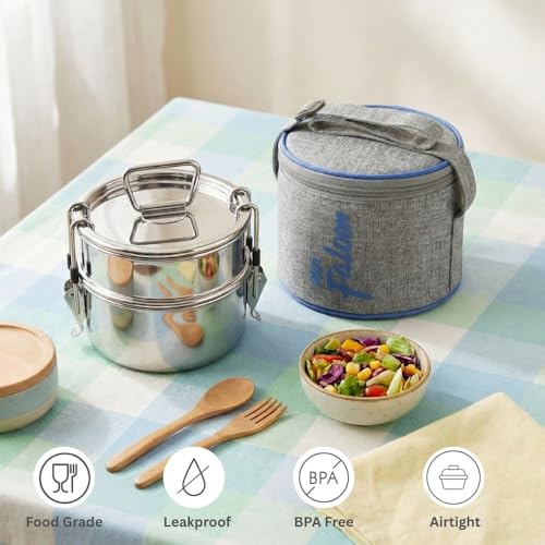 PDDFALCON Royal Lunch Box Stainless Steel Lunch Box Set, 100% Leak-Proof, BIS Certified, Jindal Seal & Made in India, Airtight with Lids,(Royal Lily with Bag 700ml, Grey & Blue) - Image 5