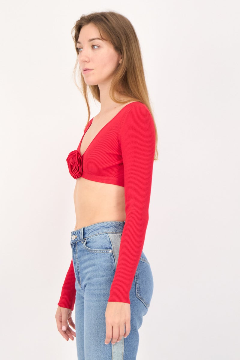Bershka بلوزة نسائية بأكمام طويلة على شكل حرف V مع ظهر مفتوح، حمراء - Image 2