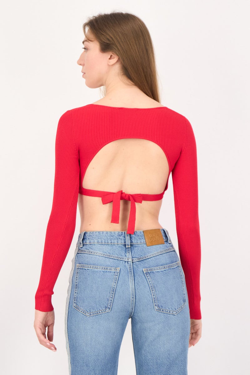 Bershka بلوزة نسائية بأكمام طويلة على شكل حرف V مع ظهر مفتوح، حمراء - Image 3