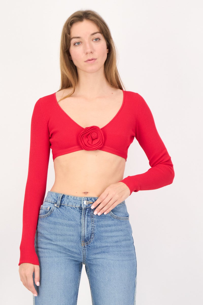 Bershka بلوزة نسائية بأكمام طويلة على شكل حرف V مع ظهر مفتوح، حمراء - Image 1