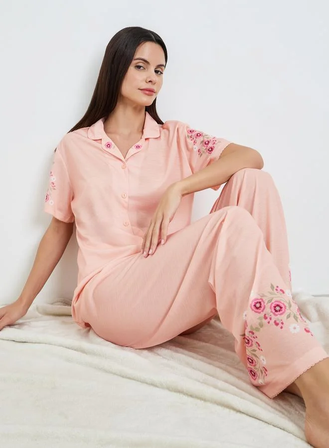 ستايلي طقم بيجاما من بنطال وبلوزة بأزرار وطبعة أزهار