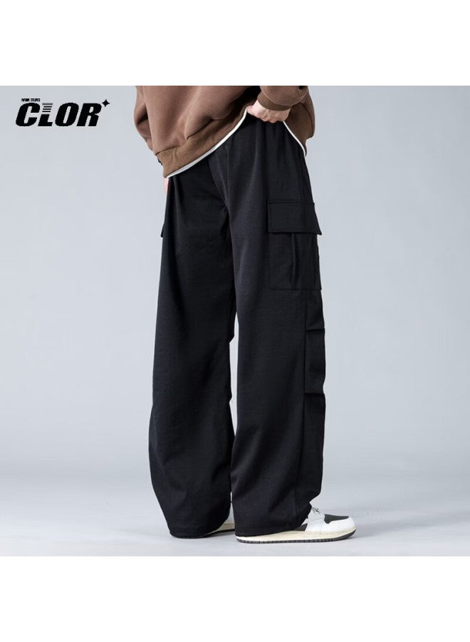 Clor American Style Casual Pants Men Spring Summer Vintage Loose Fit Paratrooper Straight Pants Cl90 Black 2XL - Image 3