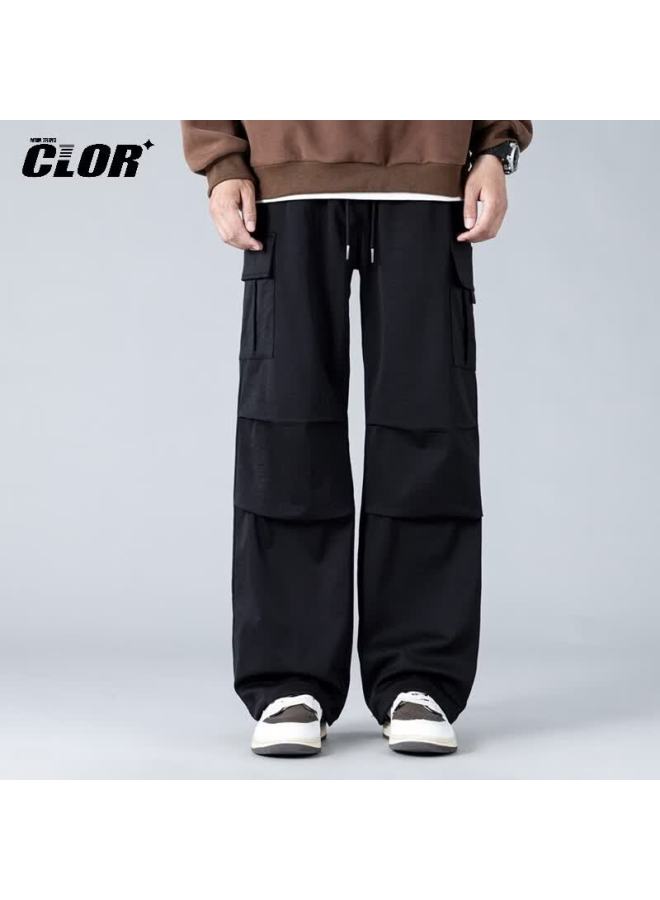 Clor American Style Casual Pants Men Spring Summer Vintage Loose Fit Paratrooper Straight Pants Cl90 Black 2XL - Image 4