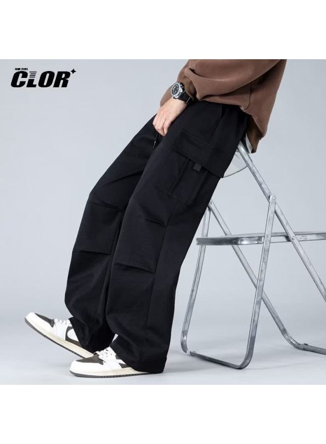 Clor American Style Casual Pants Men Spring Summer Vintage Loose Fit Paratrooper Straight Pants Cl90 Black 2XL - Image 1