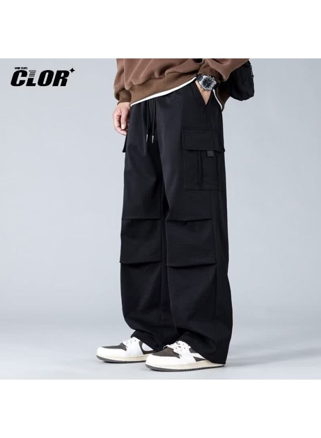 Clor American Style Casual Pants Men Spring Summer Vintage Loose Fit Paratrooper Straight Pants Cl90 Black 2XL - Image 2
