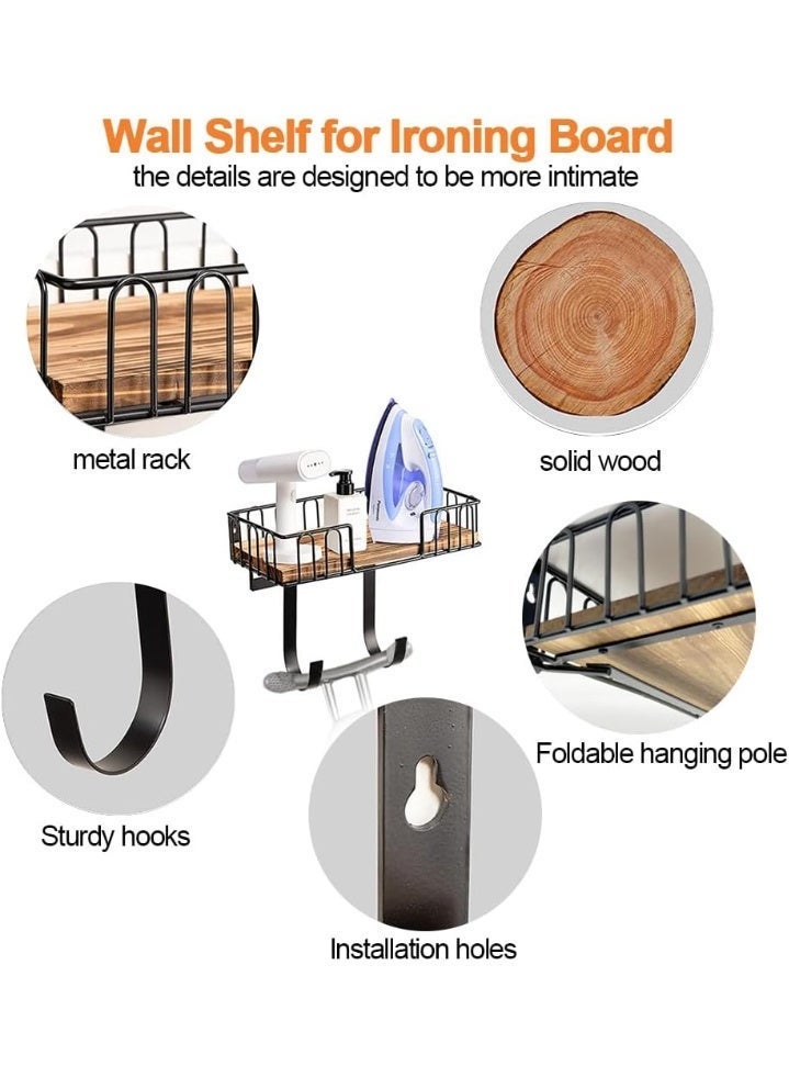 Maanys Ironing Board Hanger Wall Mount, Heavy Duty Metal Iron Holder with Wooden Shelf Basket, Adjustable Removable Hooks for T-Leg Ironing Board, Laundry Room Storage Organizer Rack - Image 5